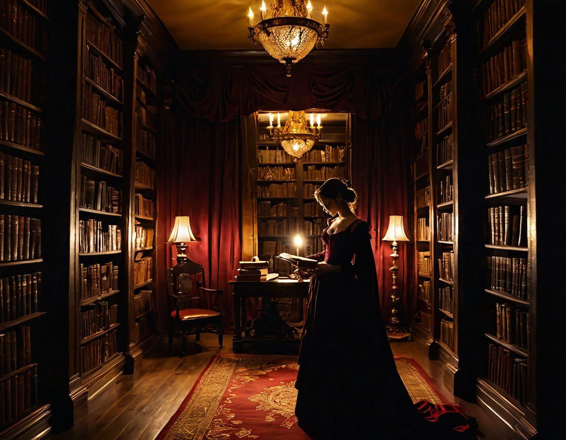 A mysterious, dimly lit library filled with ancient books, soft, seductive lighting casting shadows on the walls. A silhouette of a figure, partially hidden among the stacks, holding an open book filled with flowing script that hints at tantalizing tales. Golden accents and deep red velvet drapery create an ambiance of forbidden allure. super-realistic. rich colors. intimate atmosphere.