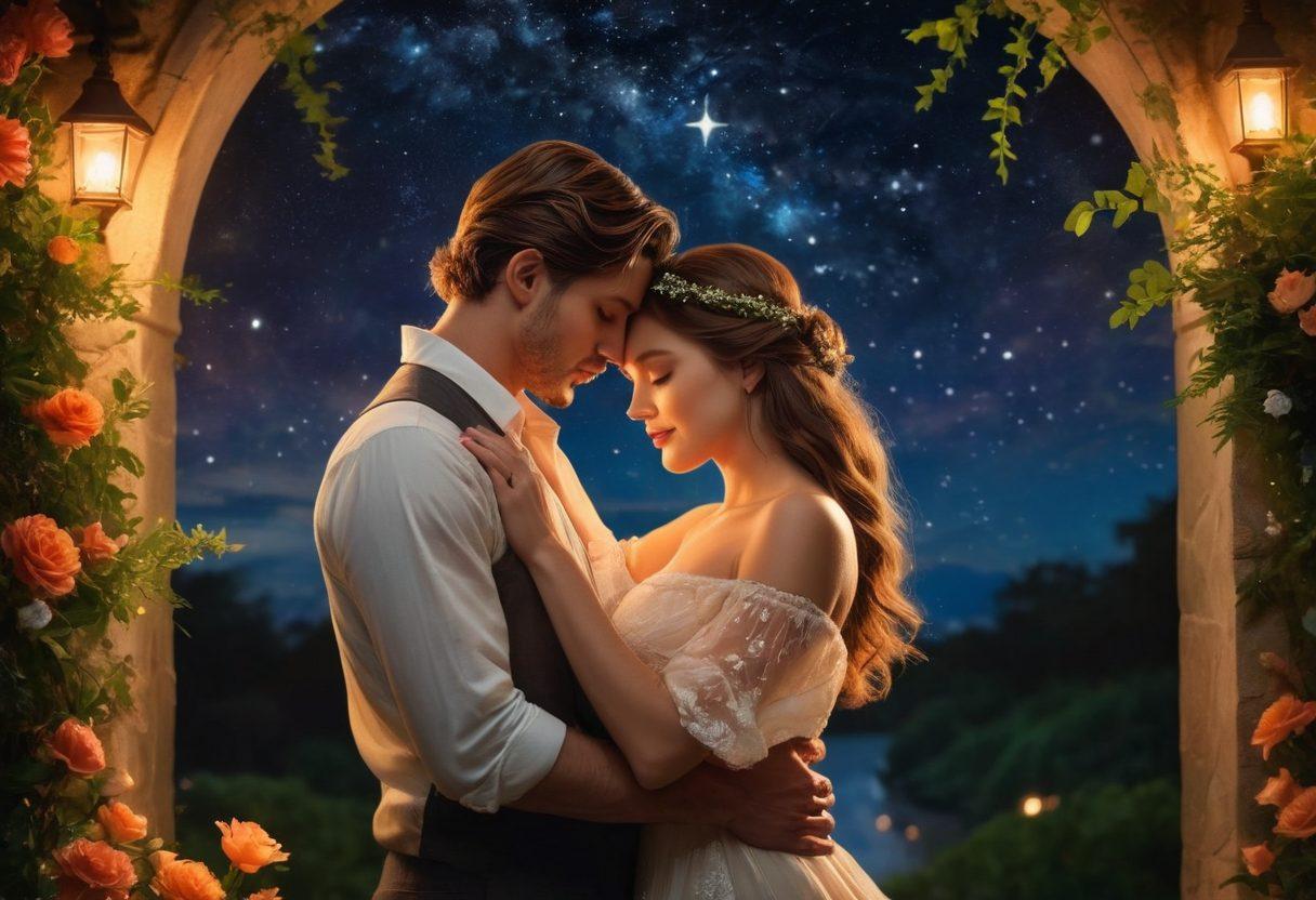 A captivating scene depicting a couple entwined in an intimate embrace under a starry night sky, surrounded by soft, glowing candlelight. The backdrop features lush, romantic greenery and delicate flowers, enhancing the atmosphere of passion and desire. Their expressions are filled with longing and affection, evoking the essence of seduction. The colors are warm and inviting, creating a dreamy, enchanting vibe. super-realistic. vibrant colors. intimate atmosphere.