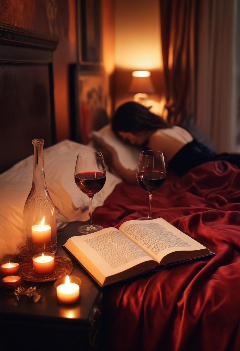 An ethereal scene depicting a softly lit bedroom filled with rich, velvety textures and delicate satin sheets. A glass of red wine rests on a bedside table, surrounded by flickering candles, casting warm light over an open book filled with passionate tales. Silhouettes of two figures can be seen intertwined, lost in an intimate moment. The atmosphere should evoke sensuality and allure, inviting the viewer into a world of desire and romance. super-realistic. warm colors. soft focus.